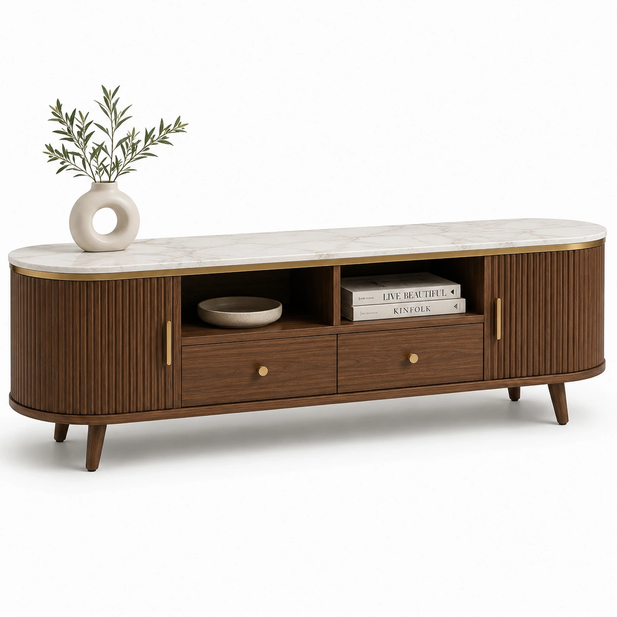 Szafka RTV Orzech z Marmurowym Blatem 180 cm-CorvelleHome